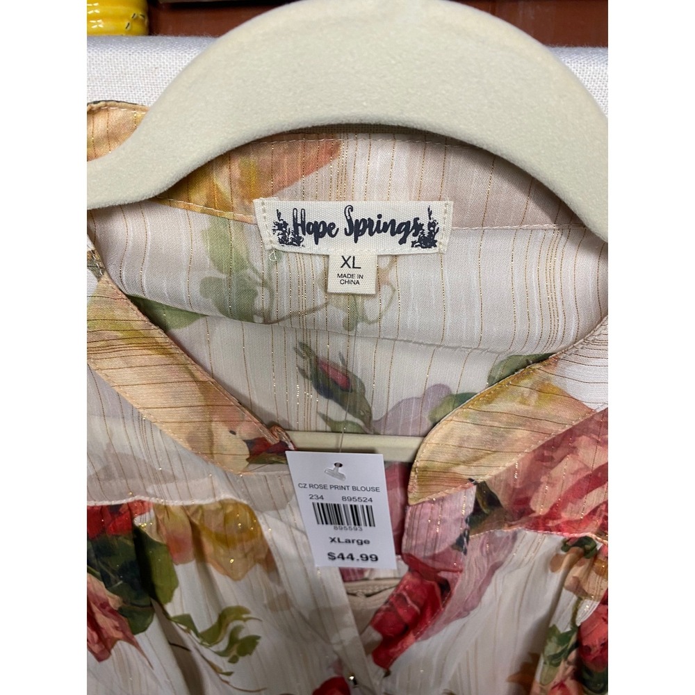 Hope Springs Rose Floral Blouse Metallic Stripe Button Front XL NWT - Picture 2 of 7